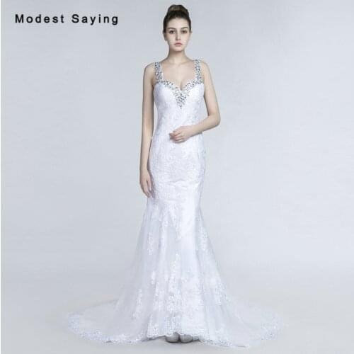 Sexy Plunging Back Mermaid Beaded Lace Wedding Dresses 2017 with Strap Formal Women Bridal Gowns vestido de noiva Custom Made