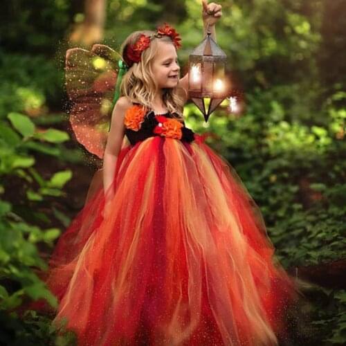 Girls Orange Butterfly Tutu Dress Kids Crochet Tulle Dress Ball Gown with Wing Children Halloween Party Cosplay Costume Dresses