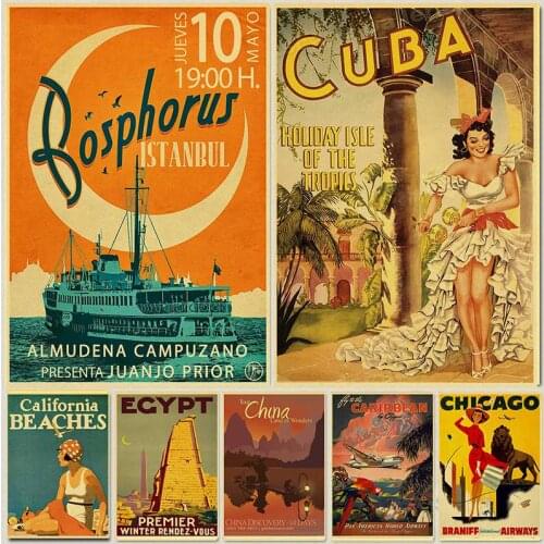 Retro Travel HOLLYWOOD/CUBA Poster Retro Kraft Travel Poster Decorative Wall Sticker Home Bar Decoration Kid Gift Home Art