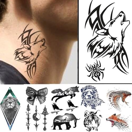 Neck Color Tattoo Sticker Men Scorpion fox snake Temporary Waterproof Tattoos Women Mini Cute Body Art Black Fake Stickers