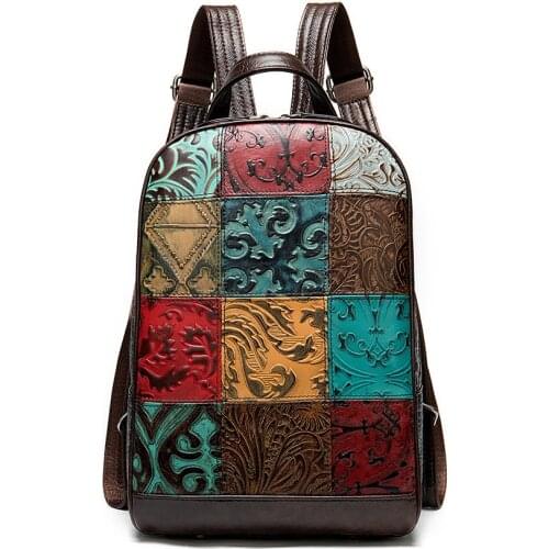 Genuine leather cow skin vintage colorful paid backpack for women