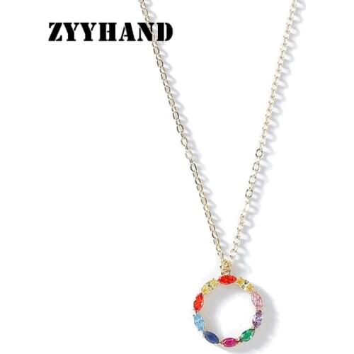 Multi Color Mariquesa Zircon Round Women Pendant Necklace Golden Rainbow Cross Chain 16+2.5inch Copper Alloy Girl Jewelry