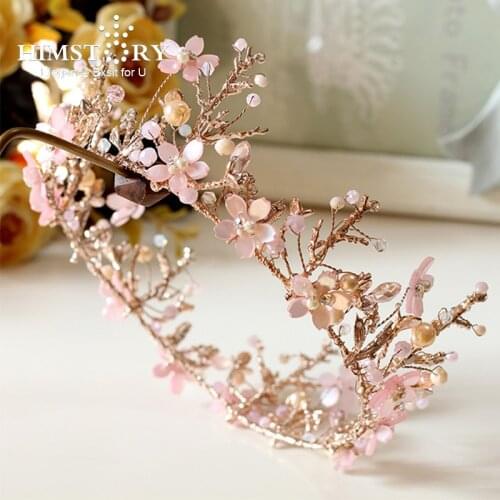 Himstory Handmade Sweet Pink Round Flower Tiara Crowns Branch Bridal Wedding Diadema Hair Tiaras Decoration Accessories
