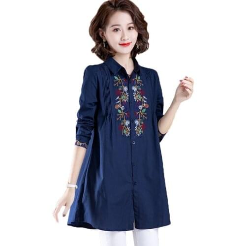 Women Cotton Shirts 2021 New Fine Embroidery Spring Autumn Women Shirt Loose Plus Size Retro Blouse Long Sleeve Tops Female D