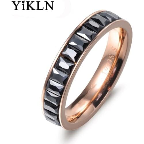 YiKLN Classic Stainless Steel Rings Mosaic Black Rectangle Cubic Zircon Wedding Engagement Ring For Women Bridal Sets R17027