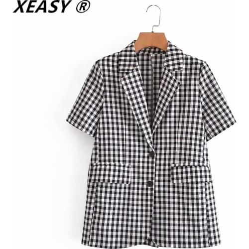 XEASY Summer Blazers Women Fashion Plaid Checked Blazer Suits Casual Lapel Neck Short Sleeve Outwear Buttons Loose Thin Jackets