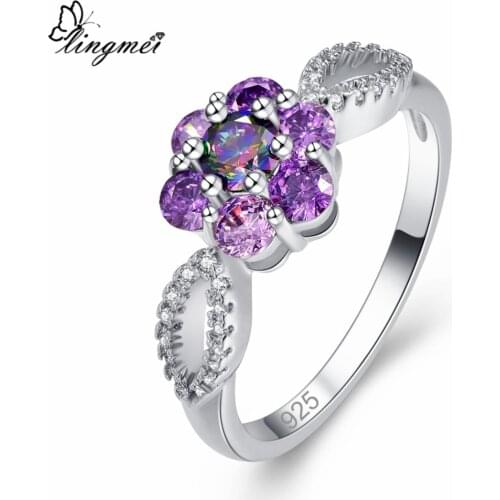 Lingmei DropShipping Flower Fashion Jewelry Lovely Multi & Purple & Green Zircon Silver Color Ring Size 6 7 8 9 Wedding Gift