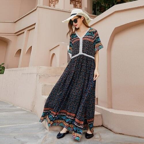 Ethnic Retro Bohemian Dress Plus Size 4xl Casual Loose V Neck Short Sleeve Maxi Dress Streetwear Summer Women Sundress Clothes