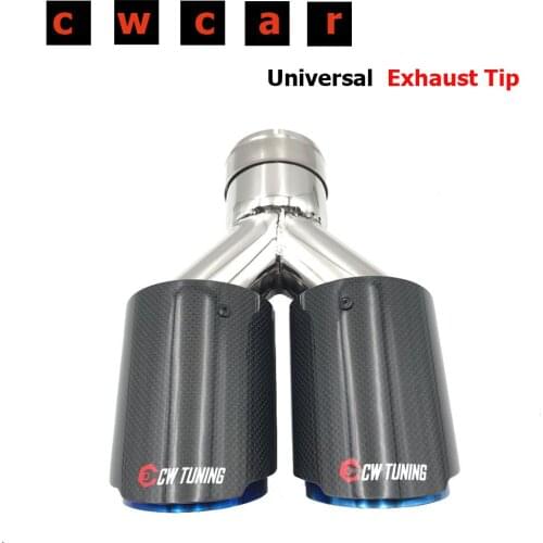 1PCS Y Model Glossy Carbon Equal Length Blue Stainless Steel Universal Dual Tail Tip Exhaust Pipe blue End Pipe For Ak