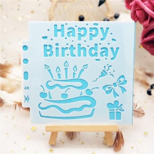 13*14CM Happy birthday plastic mold shield DIY cake scrapbook stencils hollow Embellishments printing lace ruler Cover templat