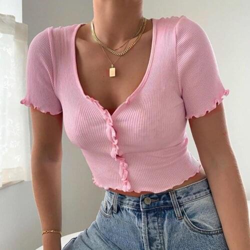 2021 Fashion Sexy Women Short Sleeve Crop Top Buttons Ribbed Waved Edge Slim Crop Top Blouse T-shirt Soild Color Tops