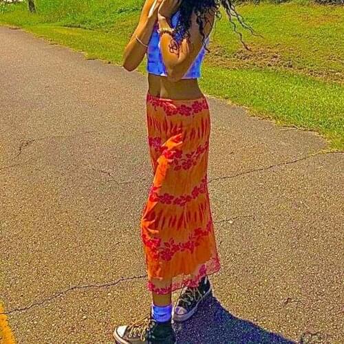 2021 New Women Vintage Tie-dye Midi Skirt Harajuku E-Girl 90S High Waist Y2K Retro Printed Slim Fit A-Line Gothic Skirt Clothes