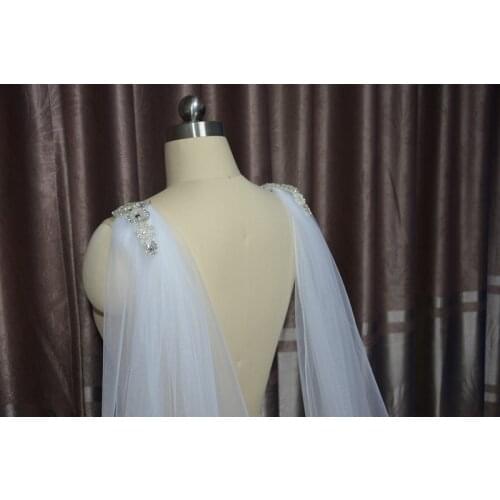 White, Ivory Cape Veil Rhinestone Appliques on Shoulders Long, Bridal Shoulder Veil In