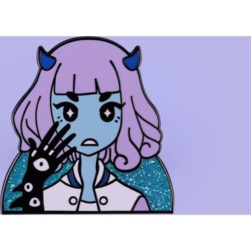 Demon Girl Eyes Enamel Pin With Blue Horns Witch Pagan Brooch Japan Anime Lovers Cute Collection