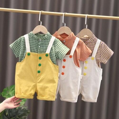 Plaid Shirts Overalls Sets for Baby Boys and Girls Button Childrens Clothing Cute Suit for Girls Fashion Kids Clothes Outfits