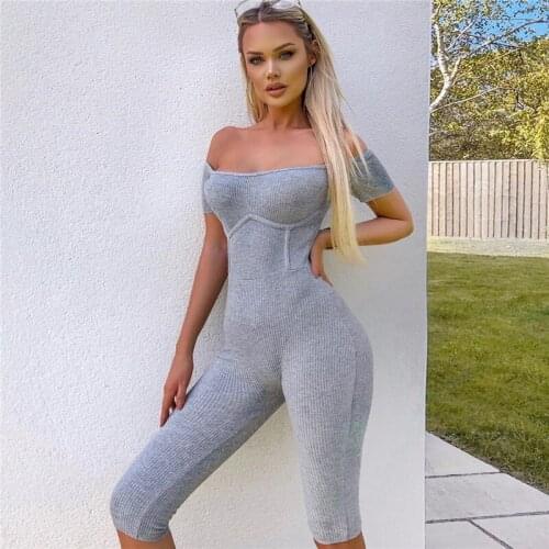 Women Jumpsuit Short Sleeve Solid Color Shoulder Off Knitted Patchwork Striped Breathable Elastic Romper For Yoga Fitness
