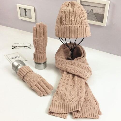 Three-piece Knit Hats Scarf Gloves Set Autumn Winter Warm Fashion Hat Gilr And Boy Cap Thick Wool Fashion 3pcs Sets Solid Color