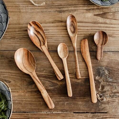 Korean Style Natural Wood Long Handle Soup Spoons For Cooking Mixing Stirr Kitchen Mini Seasoning Measuring Tools Coffee Scoop
