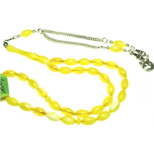 BEST ROSARY – Moire White & Yellow Powder Amber Made in Turkey Unisex 33pcs. Zikr Muslim Stress