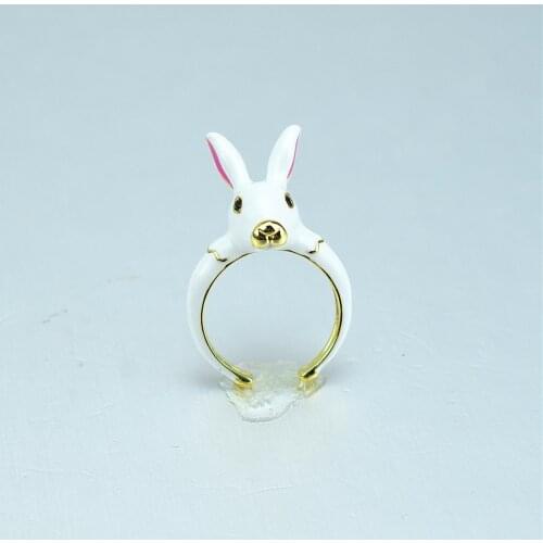 Cute and fashionable bunny ring in white enamel, girly heart, white rabbit, adjustable ring, erect bunny jewelry