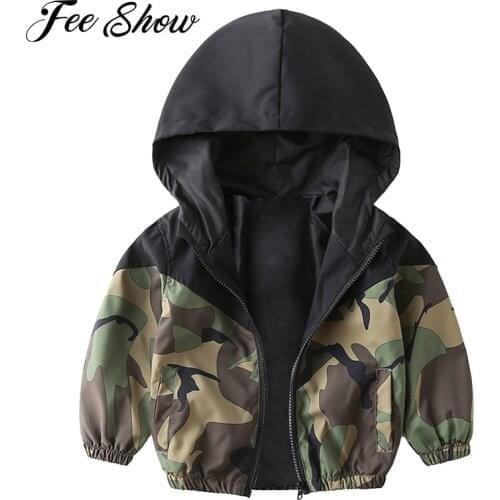 Fashion Kids Boys Spring Camouflage Print Coats Jackets Casual Wear Hooded Hoodie Long Sleeves Front Zipper Coat Tops Windproof
