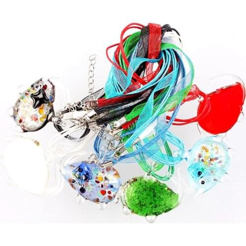 Wholesale 6pcs necklaces handmade Murano Lampwork Glass Mixed Color Elephant Flower Inside Pendants Charms Cords Necklaces