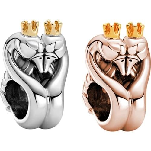 Fit Original Pandora Heart Necks Snuggle Swans Charms Bracelet Women Gold Crown Swan Bead DIY Jewelry for Women Love Couple Gift