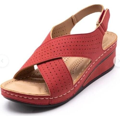 Women Sandals New Summer Shoes Woman Ladies Sewing Hollow Out Wedges Female Casual Pu Leather Comfortable Retro Sandalis2021