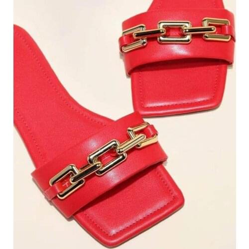 New Brand Design Gold Chain Women Slipper Closed Toe Slip On Mules Shoes Square head Low Heels Casual Slides Flip Flop