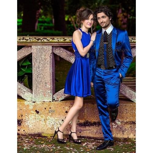 Custom Made Groomsmen Peak Lapel Groom Tuxedos Blue Satin Men Suits Wedding Best Man Suit (Jacket+Pants+Tie+Hankerchief) B690
