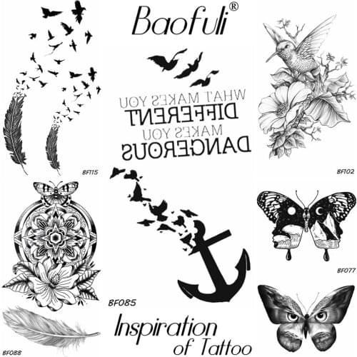 Baofuli Anchor Bird Tattoo Temporary Feather Black Brids Totem Art Tattoo Butterfly Owl Pianting Fake Tatto Women Men Body Arm