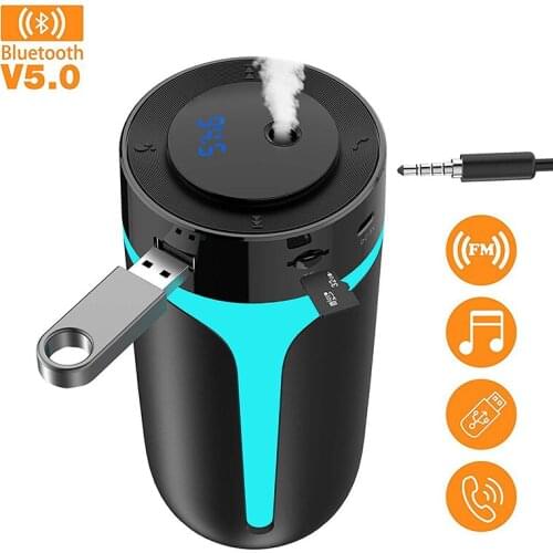 Car Air Humidifier 7 Color Lights Essential Aroma Oil Diffuser USB Humidifier Mist Maker Bluetooth5.0 FM Transimitter Mp3 Player