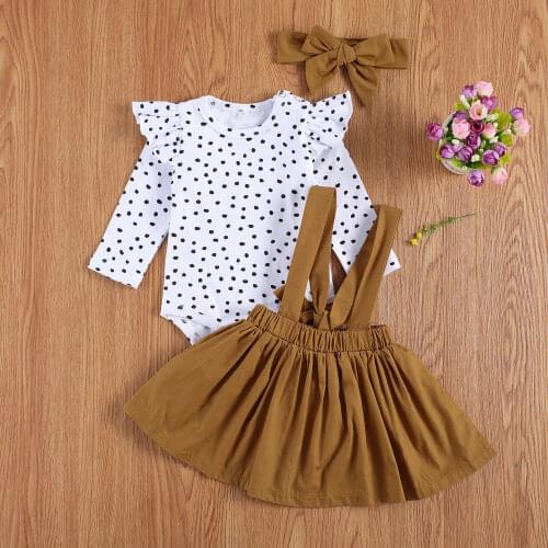 Spring Fall 0-24M Infant Baby Girls 3Pcs Set Polka Dot Ruffled Long Sleeve Bodysuit Suspender Skirts Headband Outfits Set