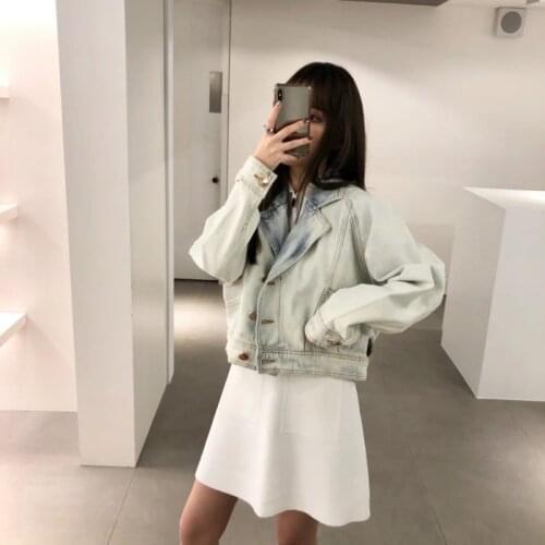 Street Lapel Loose Washed Vintage Short Denim Coat Female Fashion Single Breasted Straight Cowgirl Jacket Light Blue Outwear