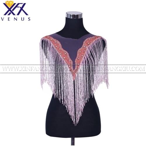 XFX venus 1 Piece bodice applique rhinestone tassel beaded Patch iron on patches for Lady Party wedding dress Decoration