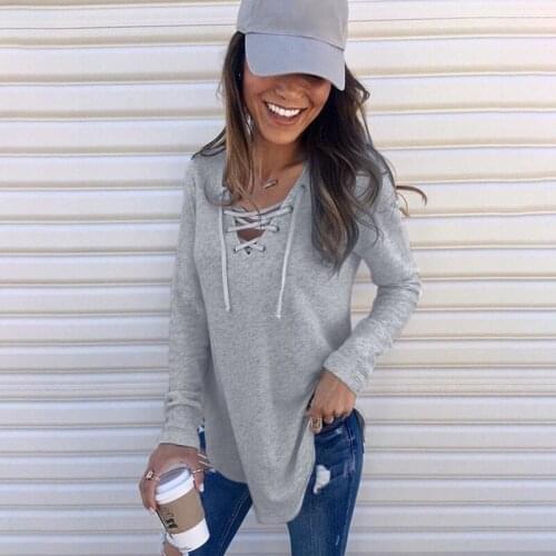 Spring Autumn Polyester Womens T-Shirt V-Neck Long Sleeve Pullover Solid Loose Lace-Up Fashion Streetwear T-Shirt