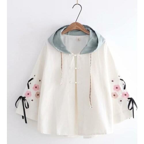 Sweet Womens Loose Cape Coat Sakura Embroidery Flare Sleeve Japanese Fall Autumn Hooded Sweatshirt Tops Cloak