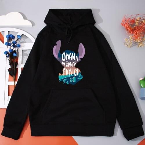 Disney Lilo Stitch Womens Hoodies Ohana Means Family Print Women Hooded Sweatshirts Vintage Casual Pullover Warm Female Clothes