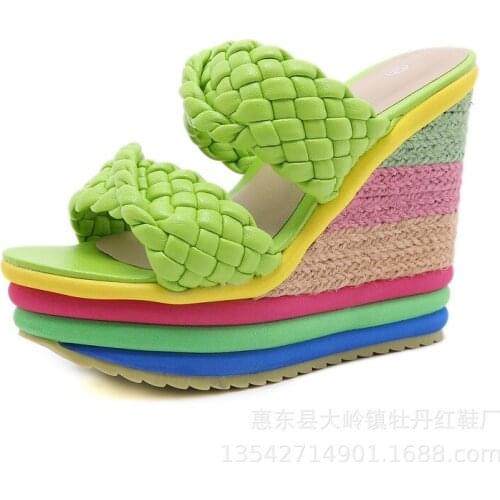 2021 Summer Shoes Slope Heel Thick-soled Fish Mouth Women Sandals Rainbow Outer Wear Open Toe Shoes Slippers Heels Women