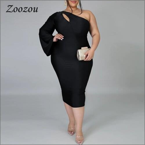 One Shoulder Hollow Out Long Sleeve Women Dress Autumn Skinny Formal Party Dress Plus Size 4XL Elegant Slim Midi Dress Custom
