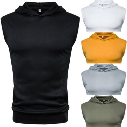 Sleeveless Mens T-shirt Summer Bodybuilding Hoodie Vests Solid Casual Workout Hooded Tee Top Male Fitness Tee Shirt Tank Top