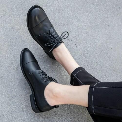 EshtonShero Women Platform Shoes Woman Genuine Leather Square Low Heels Lace Up Footwear Female Oxford Shoes For Women Size 3-9