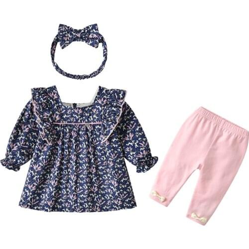 Cotton Baby Clothes Sets Florals Print Girls Dress+Pink Leggings+Hairband 3pcs/set Toddler Clothing Sets 0-4Y