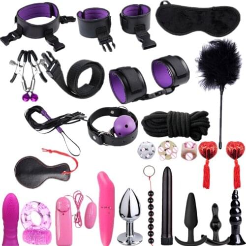 26pcs set fetish Adult SM Sex Love Game Toy Kit for Couples women bondage restraint Set Handcuff Whip Nipple Clamps Gag bdsm