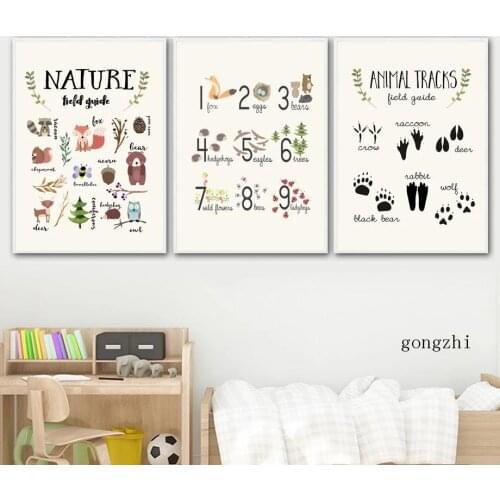 Animals Track Natural Field Guide Nordic Poster Alphabet Number Canvas Painting Prints Nursery Wall Art Pictures Kids Room Decor