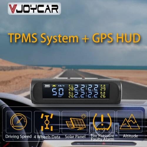 Vjoycar Newest 2 in 1 Car HUD GPS Speedometer + TPMS Tyre Pressure Monitoring System Wireless Solar Power Security Alarm System