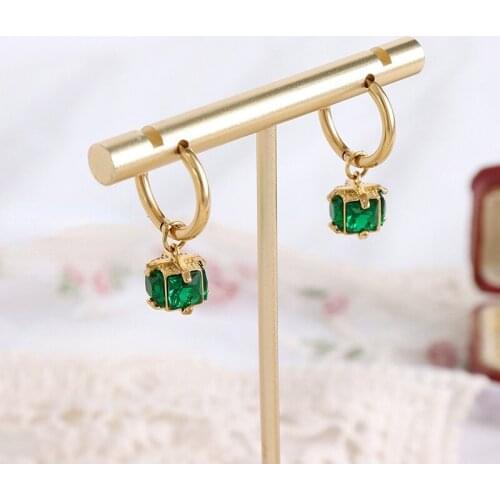 ALLNEWME Simple Green Colour Square Shinning CZ Stone Pendant Earrings for Women Ladies Titanium Steel Earrings Accessories
