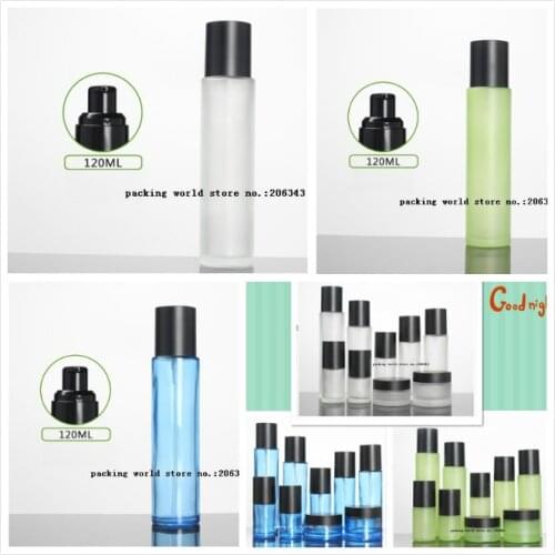 120ml frosted/green/blue glass pump bottle matte black lid for serum/lotion/emulsion/foundation/toner skin care packing