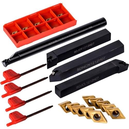 4Pcs 12mm Shank 45HRC Lathe Boring Bar Turning Tool Holder with 10pcs Carbide Insert Blades for Lathe Turning Tool Machine Tool