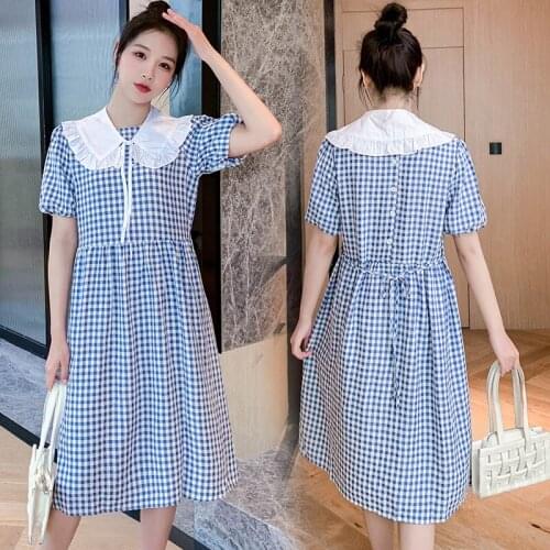 591# Maternity Dress Summer Short Sleeves Plaid Color Block Midi Dress Stylish Dress Pregnant Women Mom Dress
